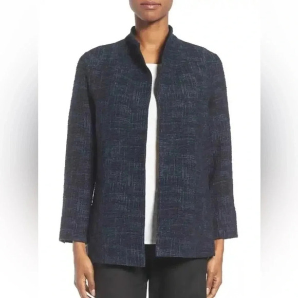 Eileen Fisher Crosshatch Cotton Tencel Stretch Navy Jacket Size Medium M EUC - Picture 1 of 10